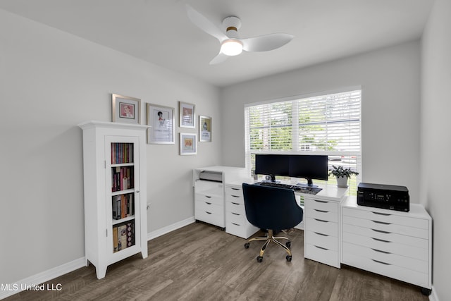office with dark wood-style flooring, a ceiling fan, and baseboards