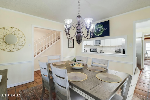 dining room featuring tile patterned flooring, a notable chandelier, stairs, and crown molding