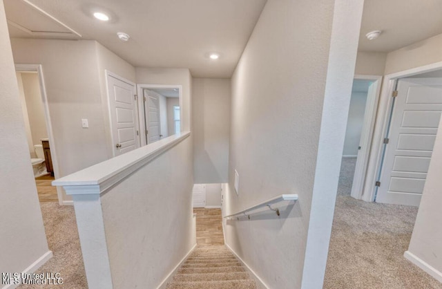 stairs featuring carpet flooring, recessed lighting, and baseboards