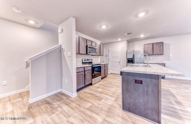 kitchen with a sink, stainless steel appliances, visible vents, and light wood finished floors