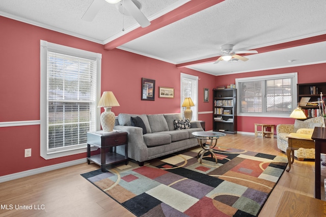 living room with baseboards, a textured ceiling, a ceiling fan, and wood finished floors