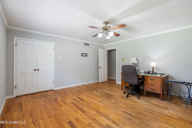 office space featuring light hardwood / wood-style flooring, crown molding, and ceiling fan