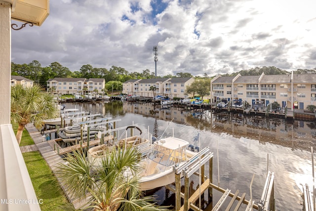 dock area with a water view