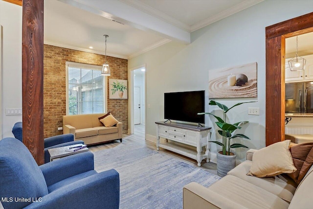 131 Stillhouse Creek Dr, Madison, MS 39110 - living area featuring brick wall, wood finished floors, beamed ceiling, and crown molding