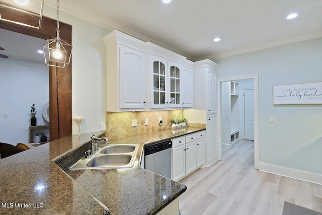 131 Stillhouse Creek Dr, Madison, MS 39110 - kitchen with a sink, dishwasher, white cabinetry, tasteful backsplash, and ornamental molding