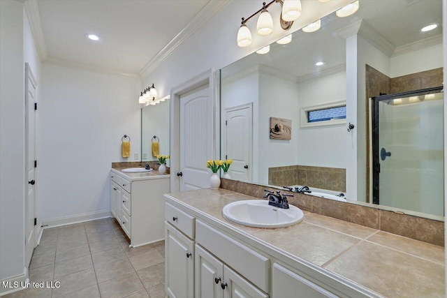 131 Stillhouse Creek Dr, Madison, MS 39110 - bathroom with a shower stall, two vanities, tile patterned flooring, crown molding, and a bath