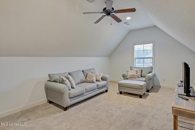 131 Stillhouse Creek Dr, Madison, MS 39110 - living room featuring carpet flooring, lofted ceiling, baseboards, a ceiling fan, and recessed lighting
