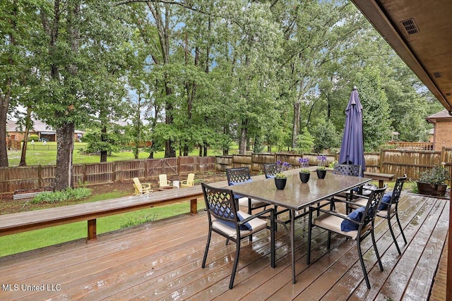 131 Stillhouse Creek Dr, Madison, MS 39110 - deck with a fenced backyard, outdoor dining area, and view of scattered trees