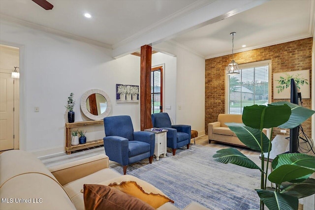 131 Stillhouse Creek Dr, Madison, MS 39110 - living area featuring brick wall, ornamental molding, and recessed lighting