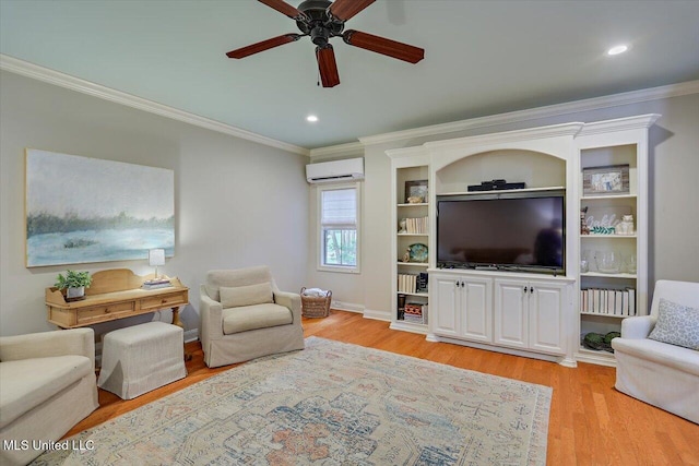 210 Planters Grv, Brandon, MS 39047 - living area with an AC wall unit, ornamental molding, a ceiling fan, light wood-style flooring, and recessed lighting