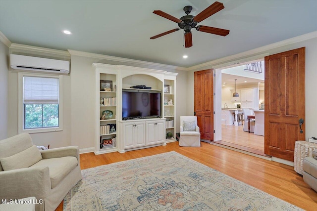 210 Planters Grv, Brandon, MS 39047 - living room featuring an AC wall unit, light wood finished floors, a ceiling fan, ornamental molding, and recessed lighting