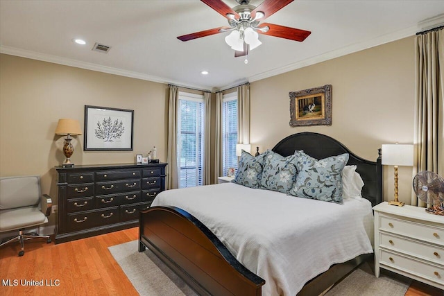 210 Planters Grv, Brandon, MS 39047 - bedroom with ornamental molding, light wood-style flooring, recessed lighting, and ceiling fan