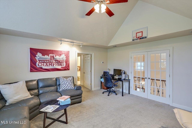 210 Planters Grv, Brandon, MS 39047 - carpeted office space with french doors, ceiling fan, high vaulted ceiling, baseboards, and rail lighting