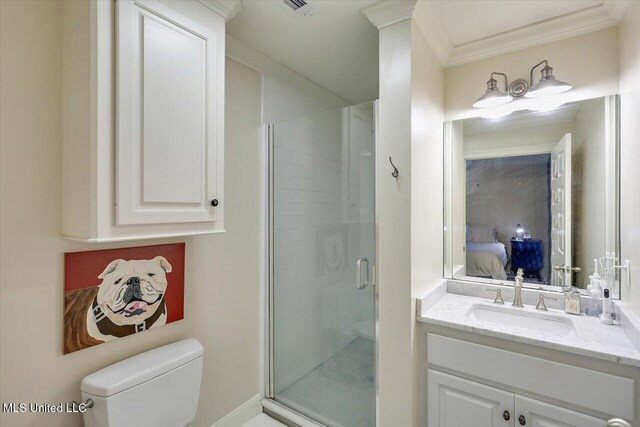 210 Planters Grv, Brandon, MS 39047 - full bathroom with crown molding, a stall shower, toilet, connected bathroom, and vanity