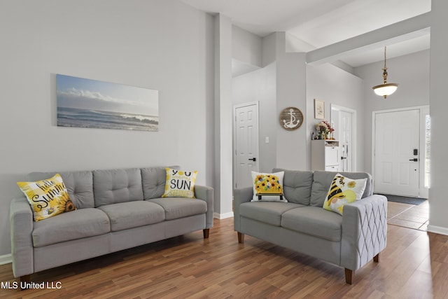 6507 Shoshonee Dr, Ocean Springs, MS 39564 - living room featuring a towering ceiling, wood finished floors, and baseboards