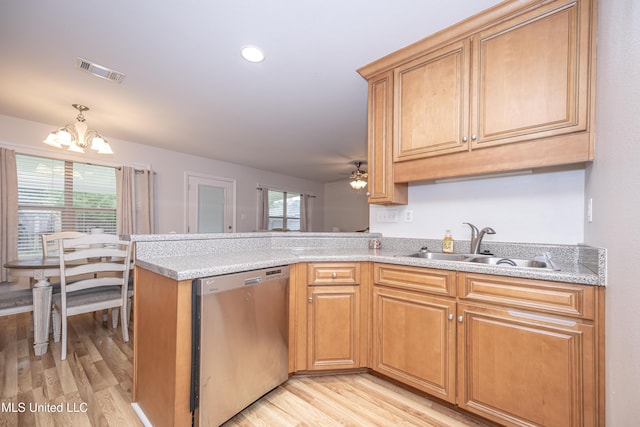 18108 Steamer Way, Gulfport, MS 39503 - kitchen with stainless steel dishwasher, a chandelier, a sink, light wood-type flooring, and recessed lighting