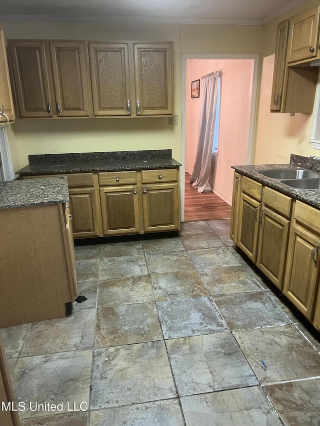 kitchen with stone tile floors, ornamental molding, and a sink