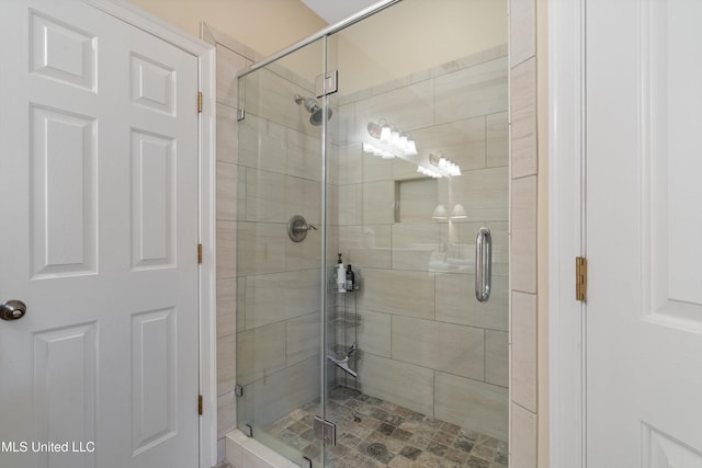 bathroom with a shower with shower door