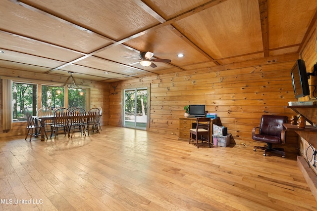 927 Abe Chapel Rd, Como, MS 38619 - home office with hardwood / wood-style flooring, wooden walls, wood ceiling, and a ceiling fan