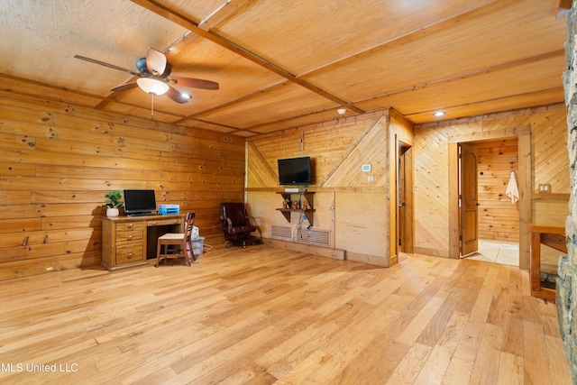 927 Abe Chapel Rd, Como, MS 38619 - unfurnished office featuring hardwood / wood-style flooring, wood walls, and ceiling fan