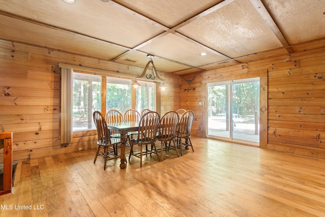 927 Abe Chapel Rd, Como, MS 38619 - dining space featuring wood walls, hardwood / wood-style floors, coffered ceiling, and recessed lighting