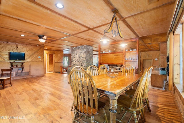 927 Abe Chapel Rd, Como, MS 38619 - dining room with wood finished floors, wooden walls, ceiling fan, and recessed lighting