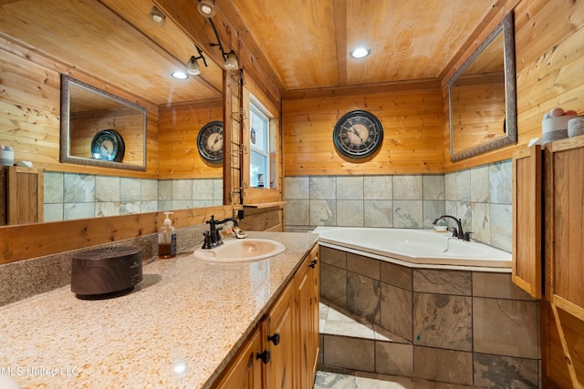 927 Abe Chapel Rd, Como, MS 38619 - bathroom with wood ceiling, a bath, wooden walls, vanity, and recessed lighting