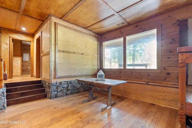 927 Abe Chapel Rd, Como, MS 38619 - home office with wooden walls, wood ceiling, and hardwood / wood-style flooring