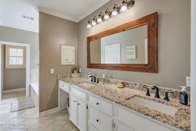 full bath with a sink, visible vents, ornamental molding, and tile patterned floors