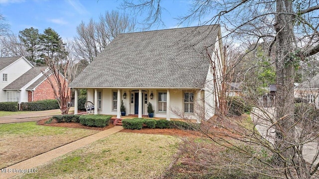 view of front of house with stucco siding, a porch, and a front yard