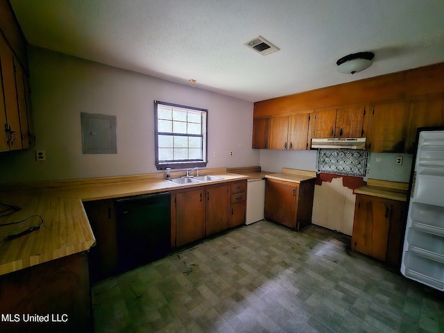 kitchen with a textured ceiling, black dishwasher, electric panel, and sink