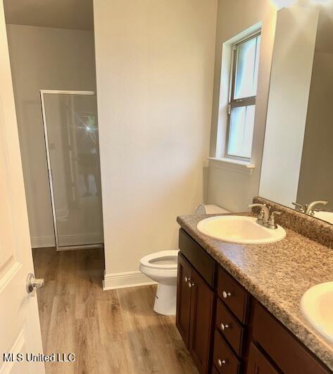 14816 Canal Crossing Blvd, Gulfport, MS 39503 - bathroom with wood finished floors, a shower stall, and double vanity