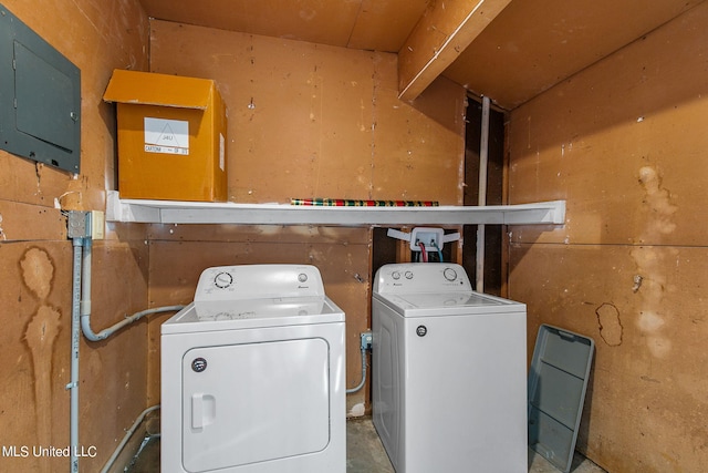 laundry area with electric panel and washing machine and dryer