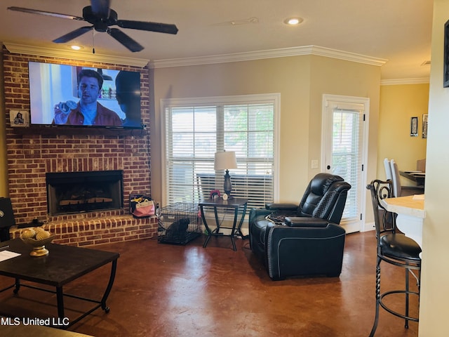 8 Audubon Pl, Natchez, MS 39120 - living area with ornamental molding, a ceiling fan, a fireplace, and concrete floors