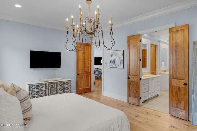 bedroom with a notable chandelier, ornamental molding, and light hardwood / wood-style flooring