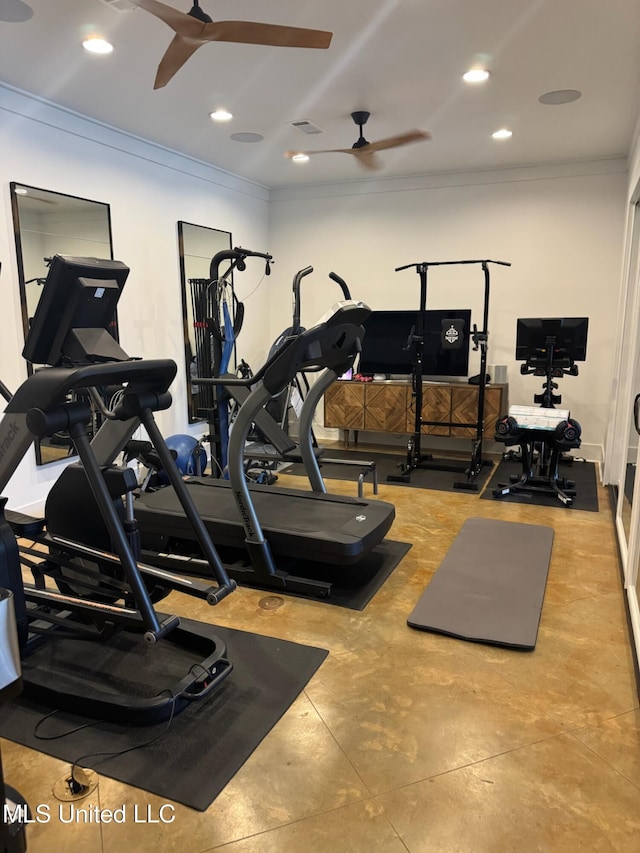 exercise room featuring recessed lighting, ceiling fan, and ornamental molding