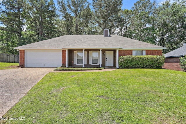 128 Chestnut Dr, Brandon, MS 39047 - ranch-style house with driveway, a garage, a chimney, and brick siding