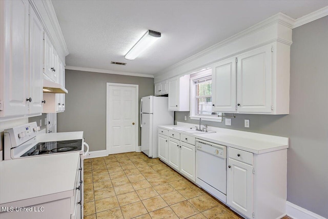 128 Chestnut Dr, Brandon, MS 39047 - kitchen with white appliances, a sink, under cabinet range hood, white cabinetry, and baseboards