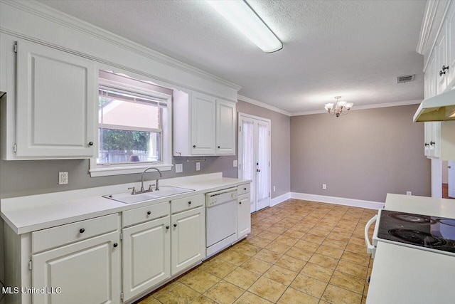 128 Chestnut Dr, Brandon, MS 39047 - kitchen with white appliances, a sink, white cabinets, a chandelier, and crown molding