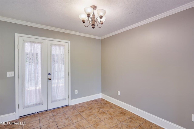 128 Chestnut Dr, Brandon, MS 39047 - empty room with french doors, a chandelier, ornamental molding, baseboards, and a textured ceiling
