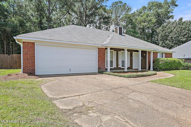 128 Chestnut Dr, Brandon, MS 39047 - ranch-style house with brick siding, concrete driveway, a chimney, a porch, and a garage