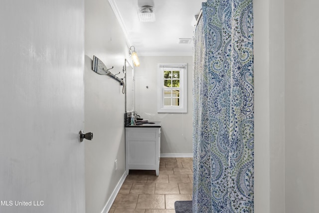 114 Olson Ave, Long Beach, MS 39560 - full bathroom featuring vanity, ornamental molding, baseboards, and a shower with curtain