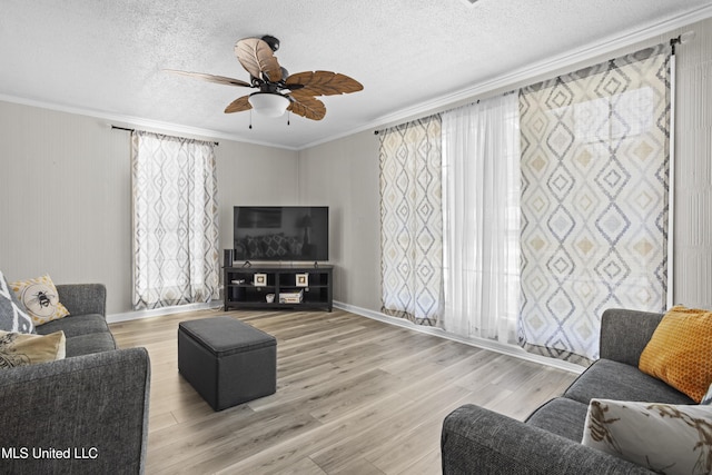 114 Olson Ave, Long Beach, MS 39560 - living room with ornamental molding, ceiling fan, wood finished floors, and a textured ceiling