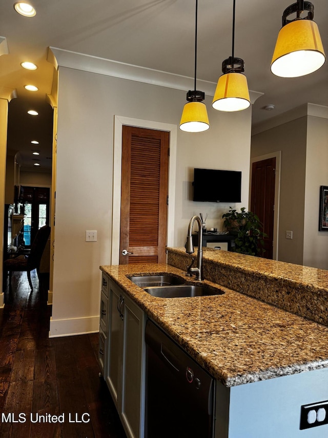 kitchen featuring sink, light stone counters, decorative light fixtures, ornamental molding, and black dishwasher