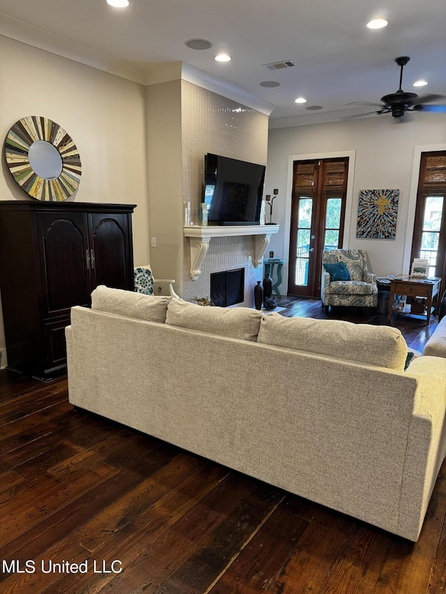 living room with dark wood-type flooring, a healthy amount of sunlight, and a fireplace