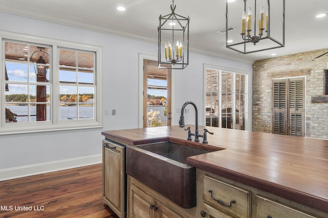 kitchen with butcher block counters, sink, dark wood-type flooring, and decorative light fixtures