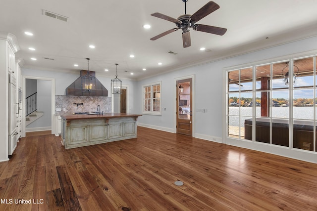 kitchen featuring dark hardwood / wood-style floors, a center island with sink, a healthy amount of sunlight, and custom range hood