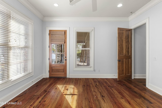 empty room with crown molding, a wealth of natural light, and dark wood-type flooring