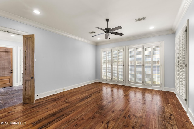 interior space with dark hardwood / wood-style floors, ceiling fan, and crown molding