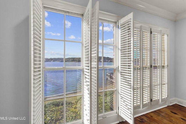 room details featuring wood-type flooring and a water view